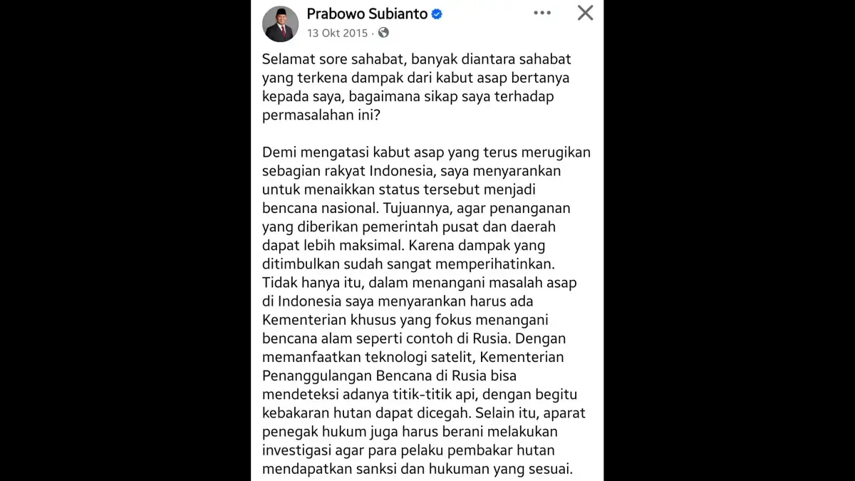 Dulu Prabowo Sarankan Karhutla Jadi Bencana Nasional, Bagaimana Sekarang?